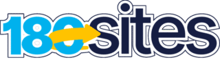 Logo for 180sites, featuring the number "180" in blue and the word "sites" in navy blue, with a yellow arrow connecting them.